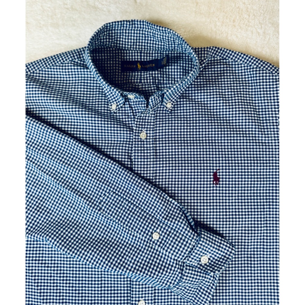 Ralph Lauren Button Down Shirt Mens‎ Large Blue White Gingham Classic Navy Pony